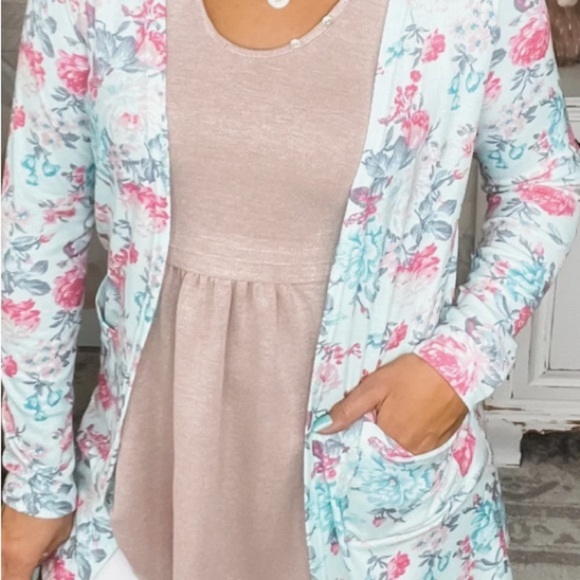 Michelle Mae Mint Floral Cardigan – Pink & Blue Soft Knit Layering Piece - Picture 4 of 8